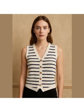 Sincerely Jules Stripped Cotton Blend Knit Vest Cream Black Clueless Academia M